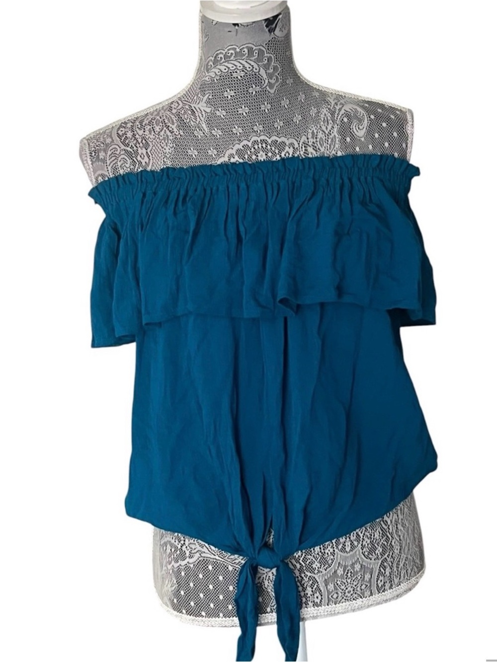 Express Off Shoulder Ruffle Tie Front Top Blue Teal 100% Rayon Size Medium